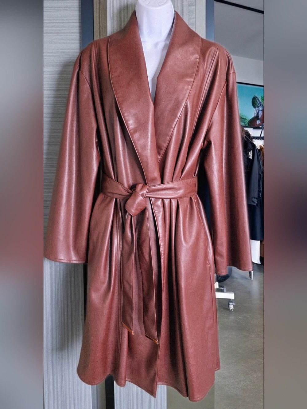 Kenneth Cole New York Faux Leather Wrap Trench Coat Decadent Chocolate M NWT